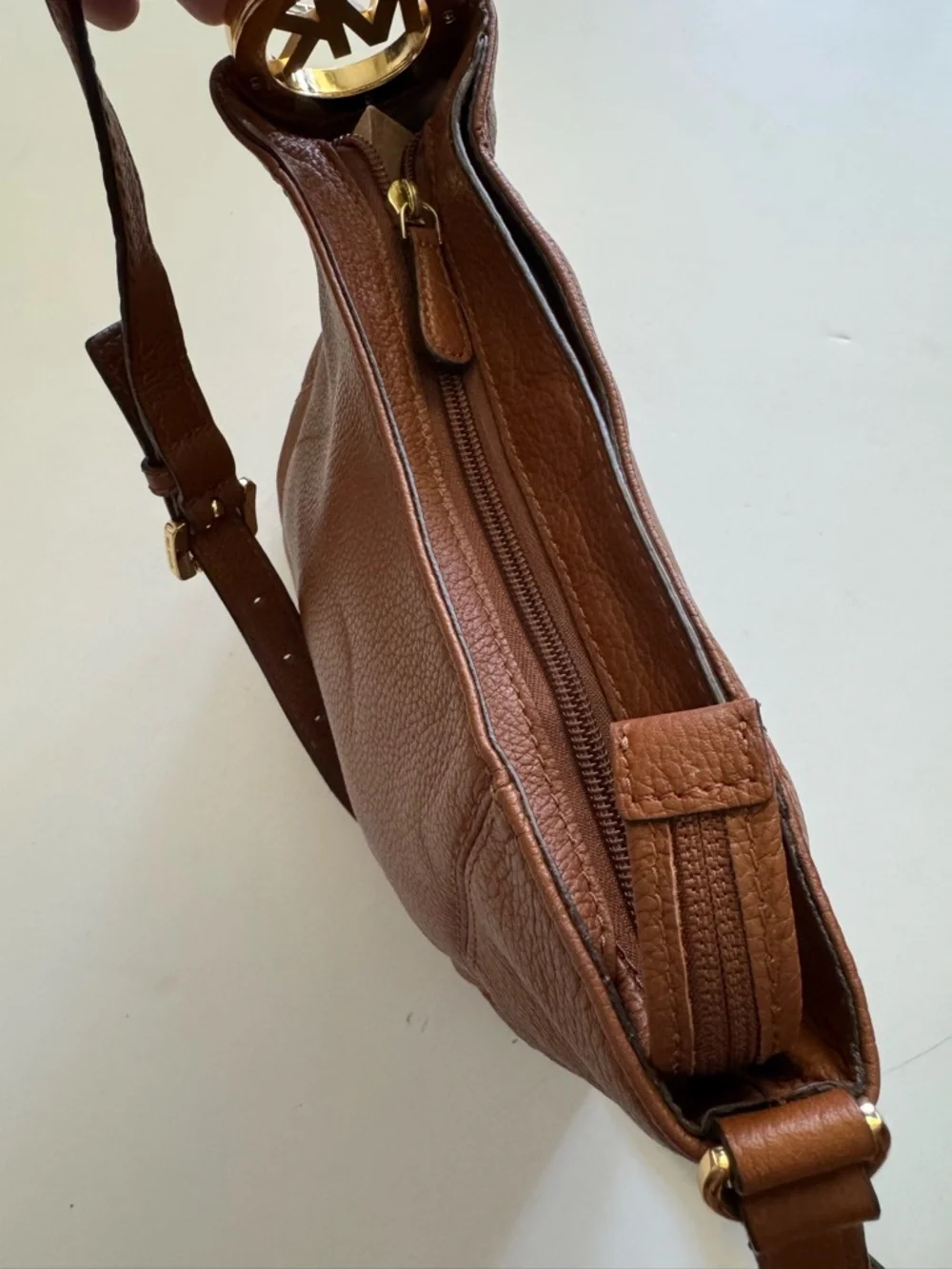 Michael Kors Cognac Leather Side Logo Gold Hardware Crossbody Bag